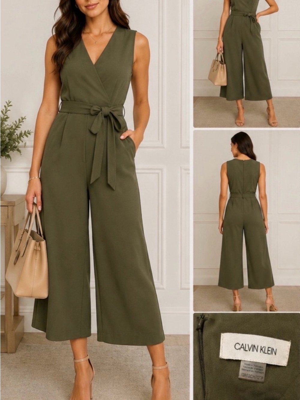 Calvin Klein Olive Sleeveless Wrap Wide-Leg Cropped Jumpsuit